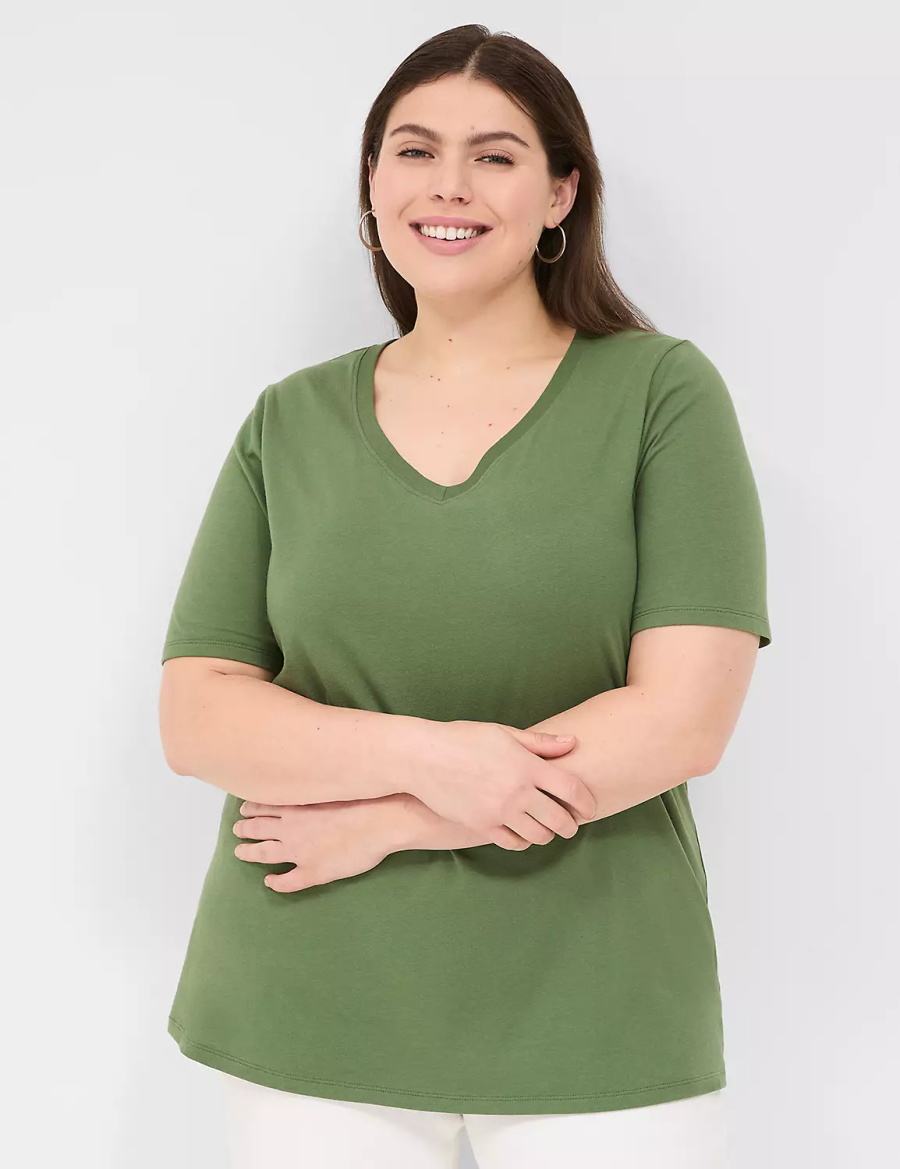 Women Lane Bryant Perfect Sleeve V-Neck Tee T Shirts Brown Green | ASE7540DW