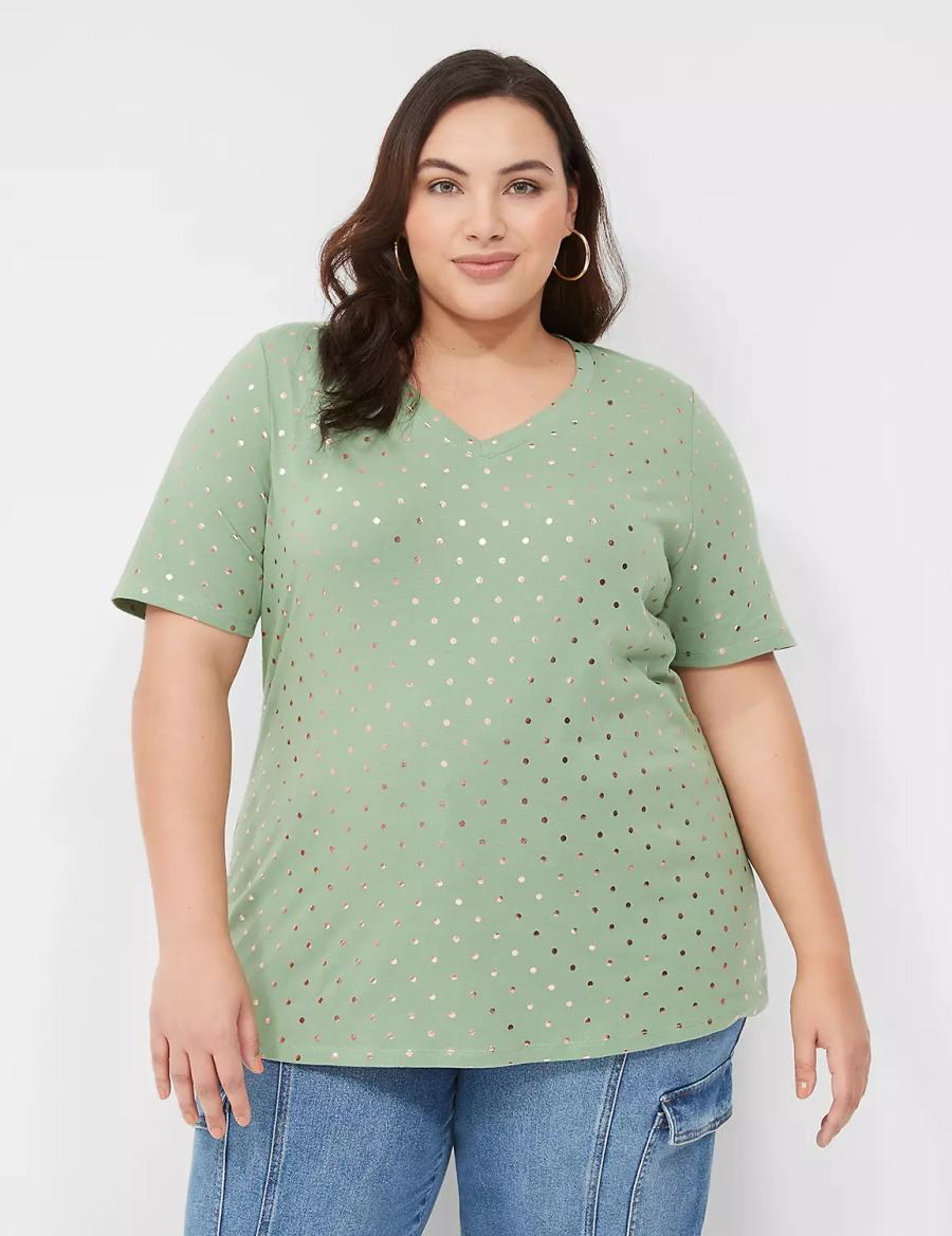 Women Lane Bryant Perfect Sleeve V-Neck Tee T Shirts Green | ZON556BK