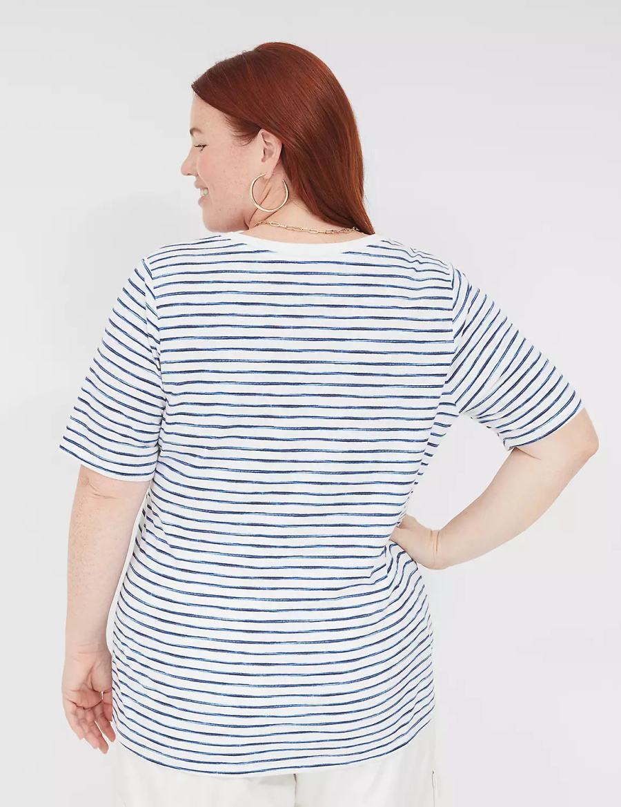 Women Lane Bryant Perfect Sleeve V-Neck Tee T Shirts White Blue | XHS3090GB