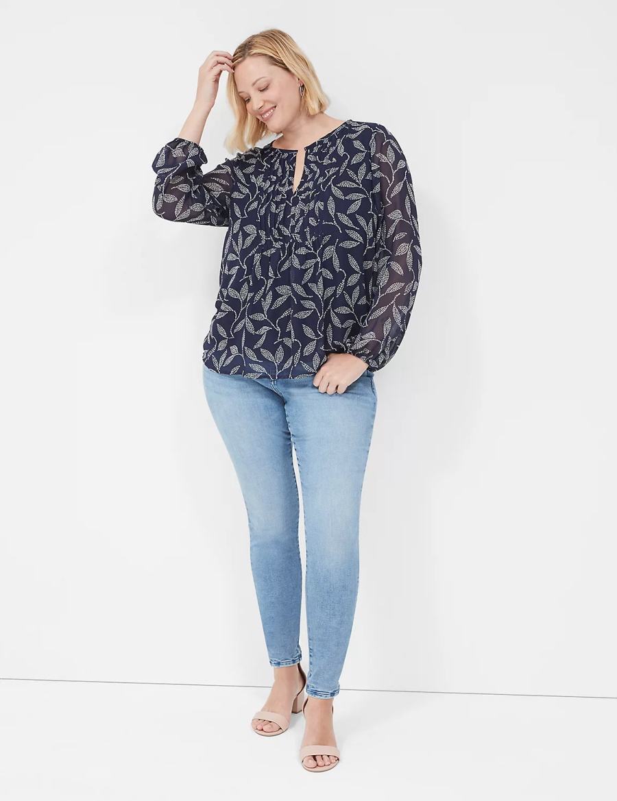 Women Lane Bryant Pin-Tuck Crew-Neck Blouse Navy | DQA5252SQ