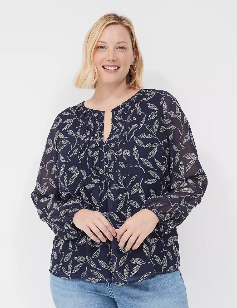 Women Lane Bryant Pin-Tuck Crew-Neck Blouse Navy | DQA5252SQ