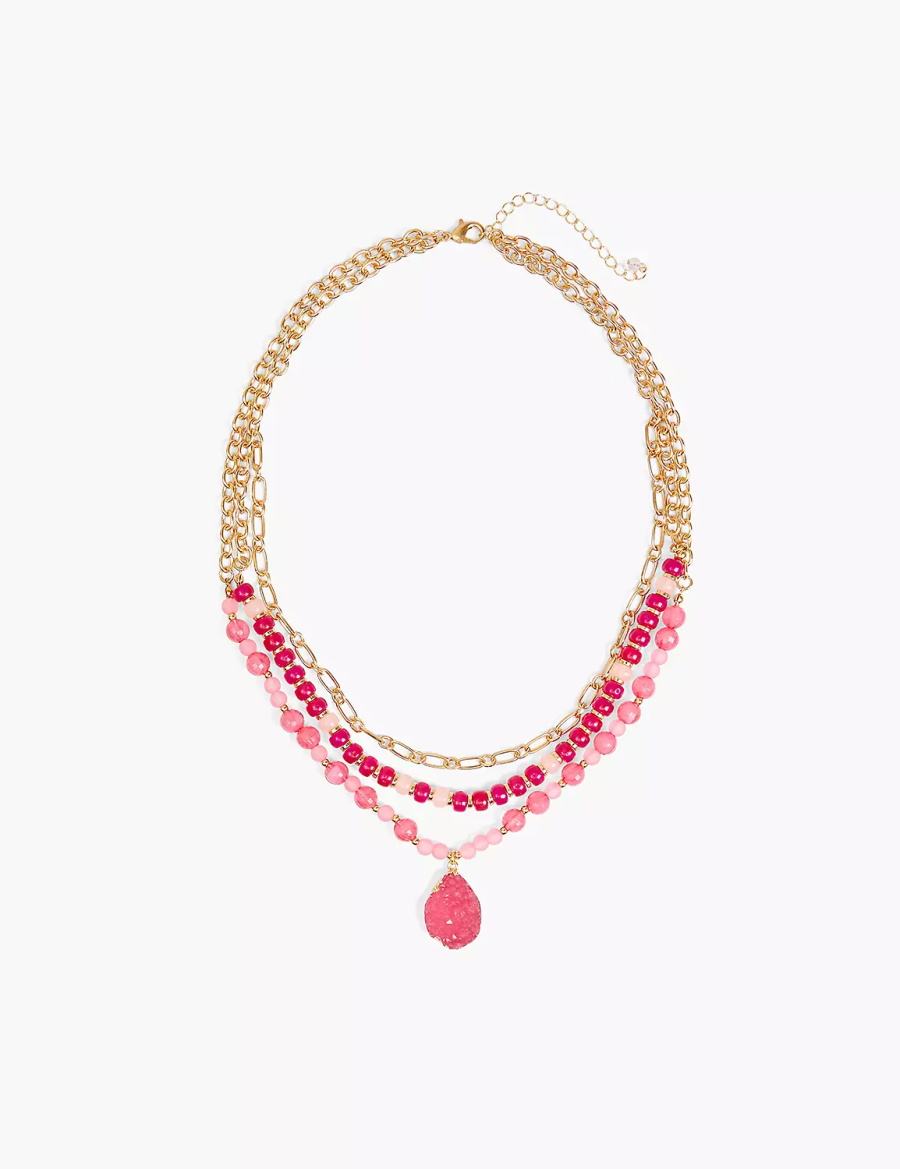 Women Lane Bryant Pink Beaded Druzy Necklace Gold | OTE3793AY