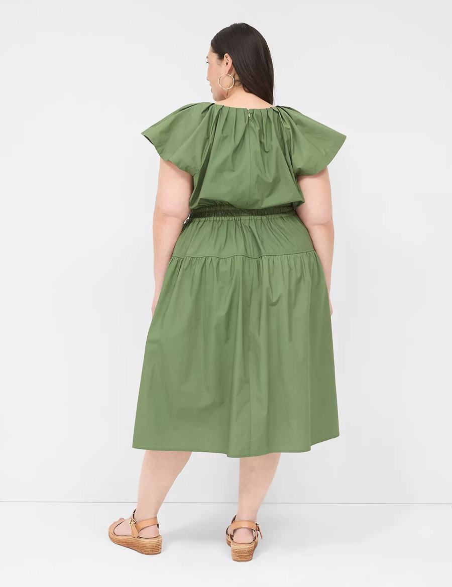 Women Lane Bryant Pleated Crew-Neck Midi Dress Brown Green | IXQ7990RB