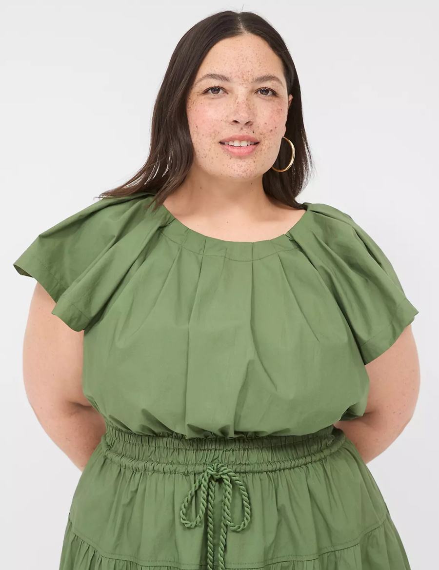 Women Lane Bryant Pleated Crew-Neck Midi Dress Brown Green | IXQ7990RB