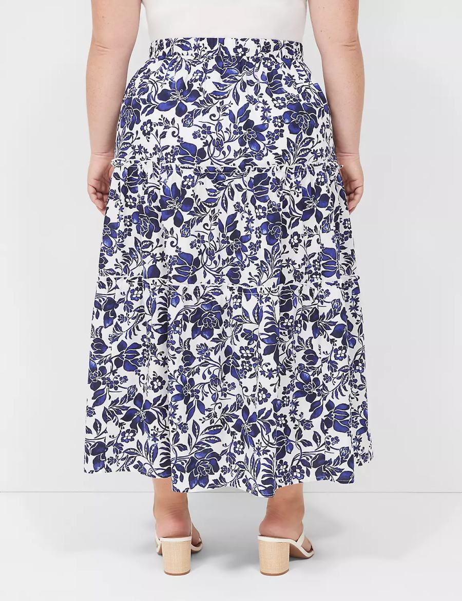 Women Lane Bryant Poplin Tiered Maxi Skirts Navy White | WHB471OG