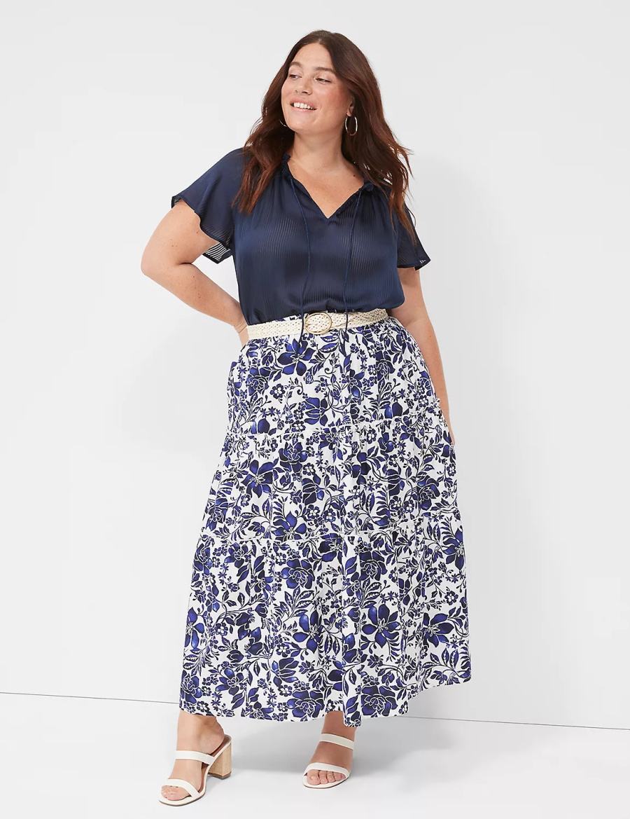 Women Lane Bryant Poplin Tiered Maxi Skirts Navy White | WHB471OG