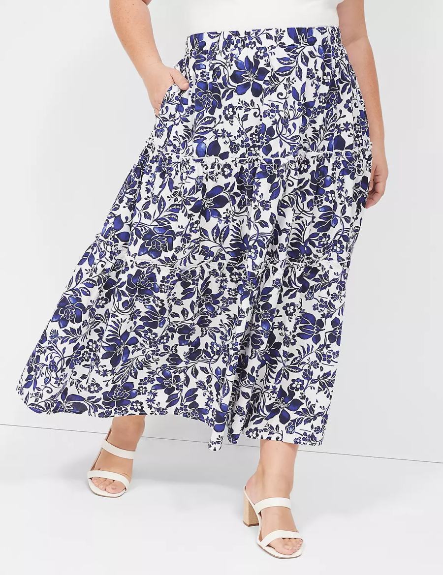 Women Lane Bryant Poplin Tiered Maxi Skirts Navy White | WHB471OG