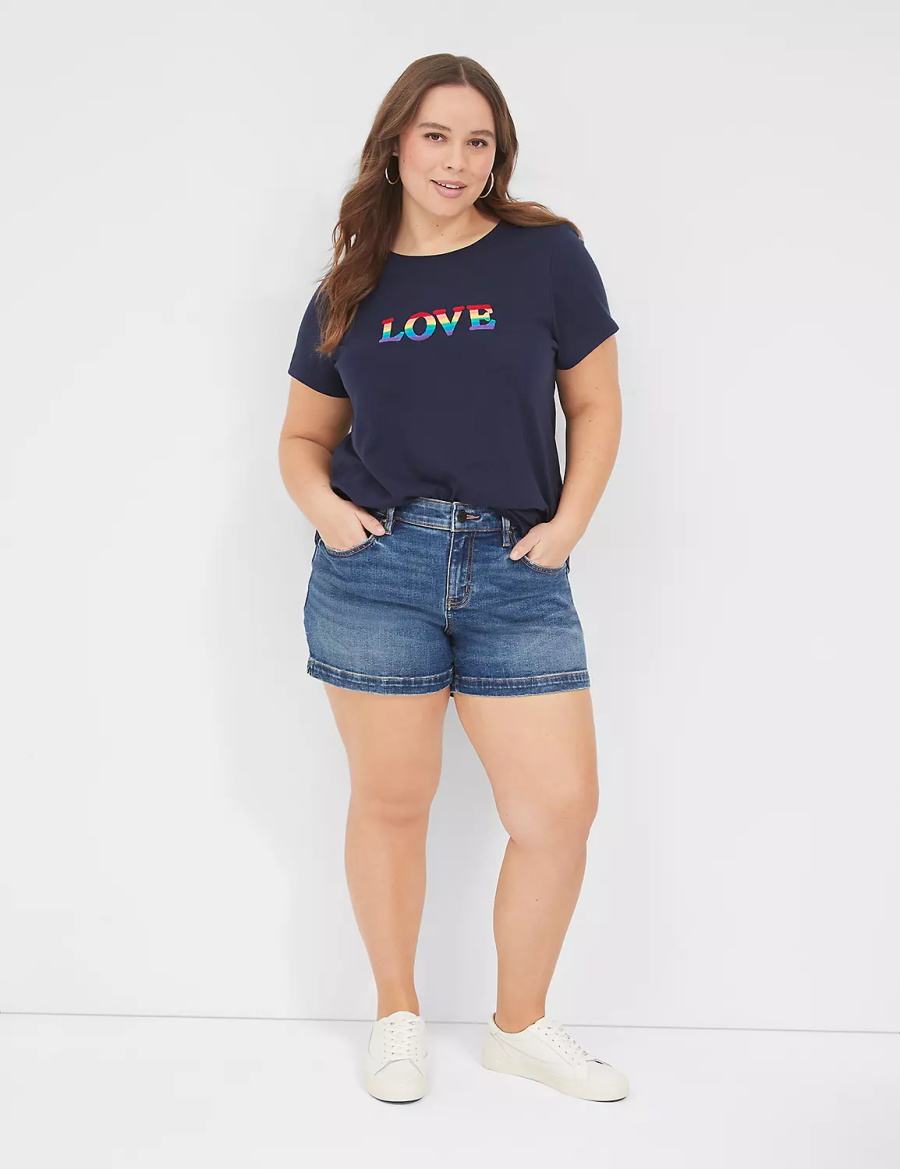 Women Lane Bryant Pride Embroidered Rainbow Love Graphic Tee T Shirts Blue | NRC4386DU