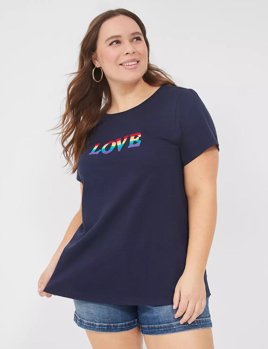 Women Lane Bryant Pride Embroidered Rainbow Love Graphic Tee T Shirts Blue | NRC4386DU