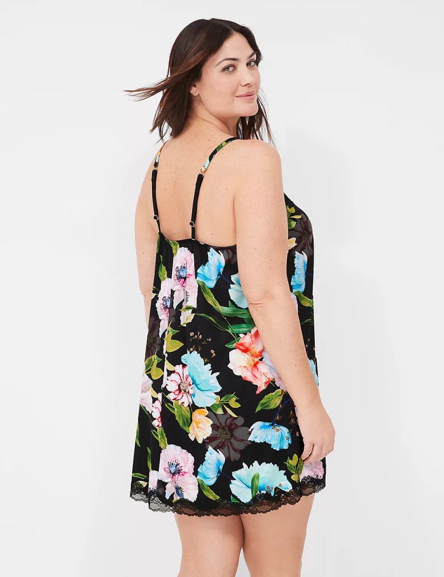 Women Lane Bryant Printed Lace-Trim Slip Dress Black | XUW7271DF