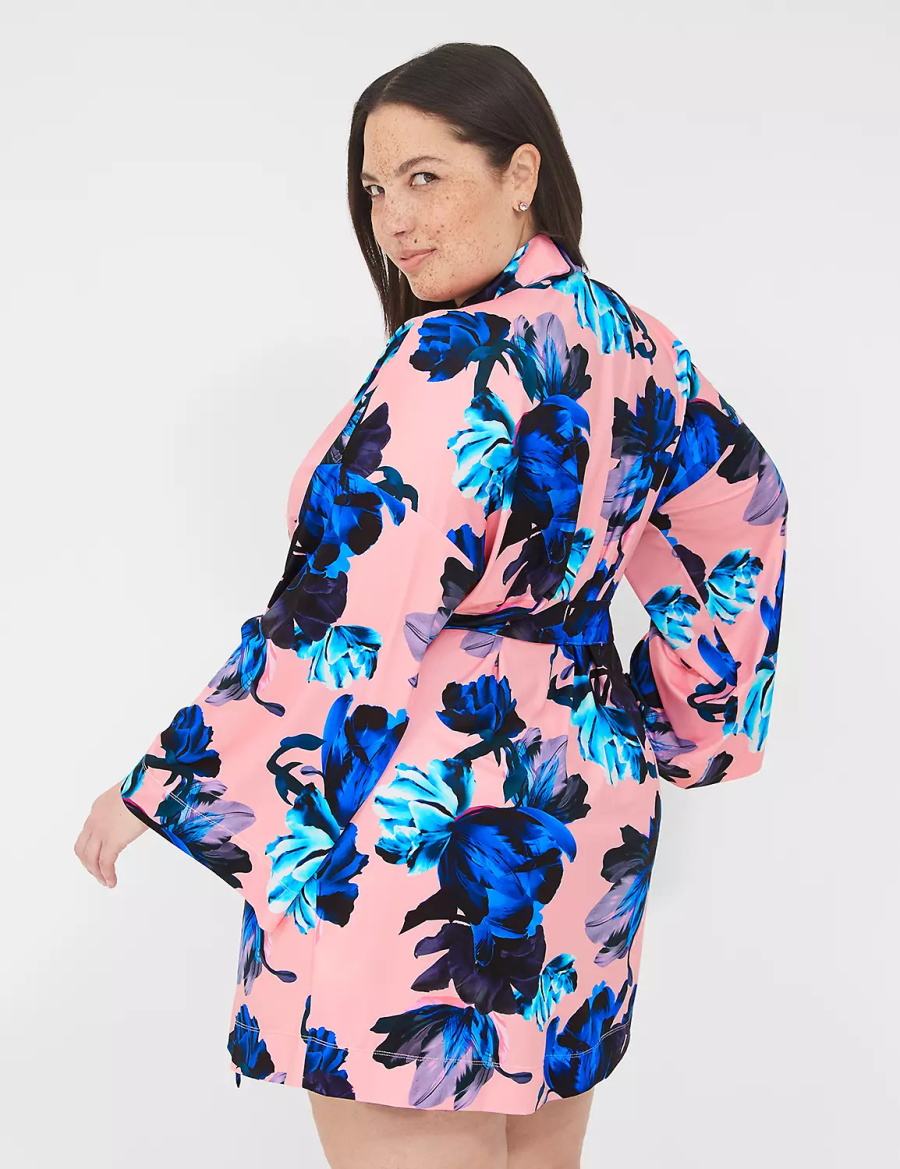 Women Lane Bryant Printed Microfiber Robe Pink Blue Multicolor | CXH9033YV