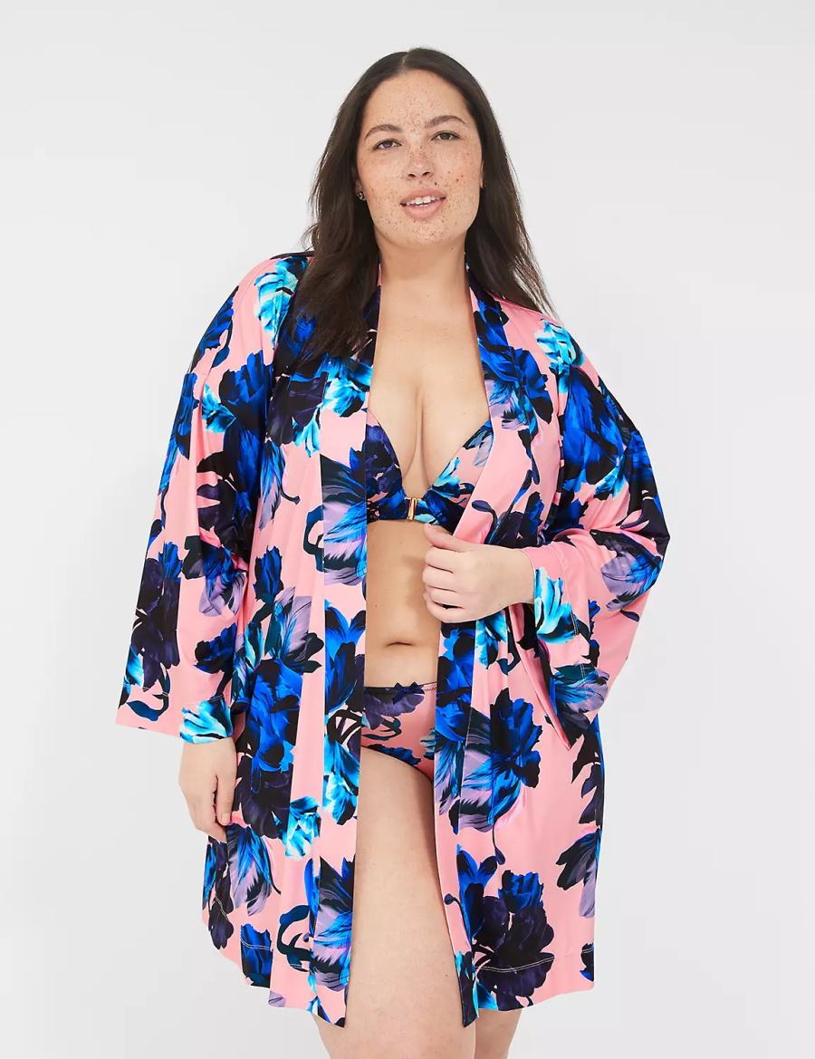 Women Lane Bryant Printed Microfiber Robe Pink Blue Multicolor | CXH9033YV