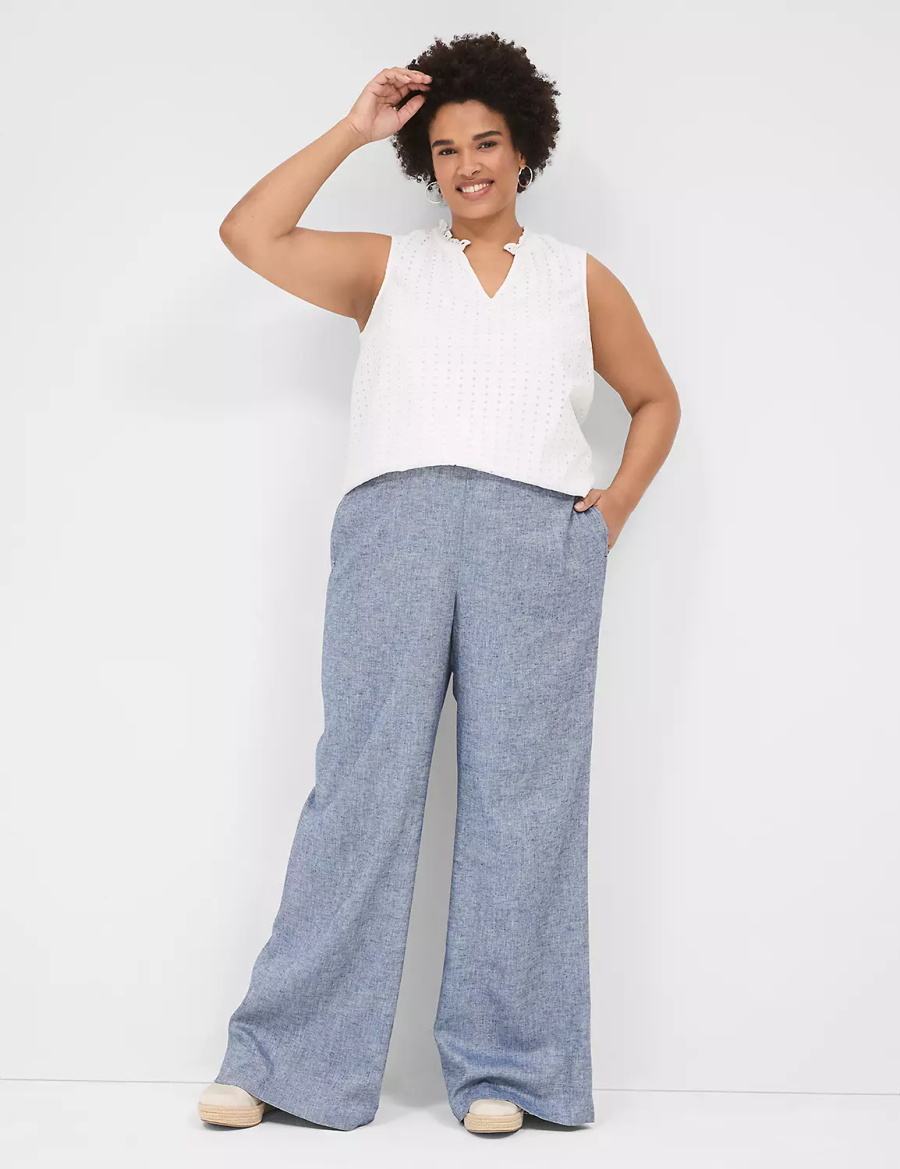 Women Lane Bryant Pull-On Chambray Linen Straight Leg Pants Blue Grey | OHC5411TL