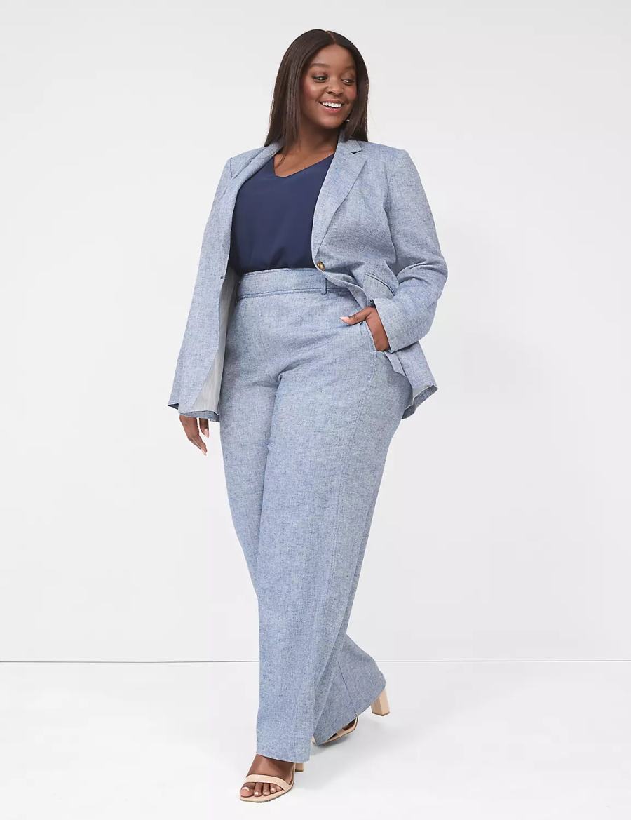 Women Lane Bryant Pull-On Chambray Linen Straight Leg Pants Blue Grey | OHC5411TL