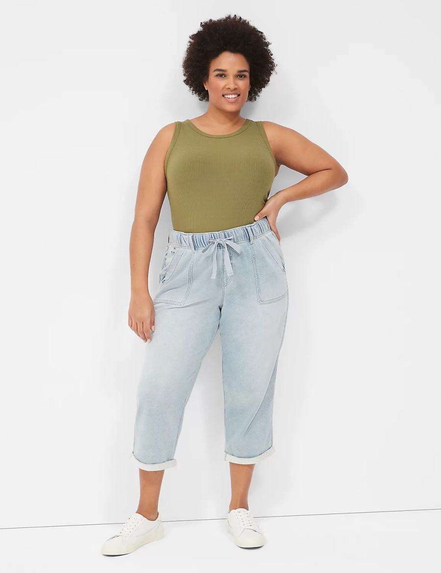 Women Lane Bryant Pull-On Fit Knit Boyfriend Capri Jeans Light Blue | QSU7745GV