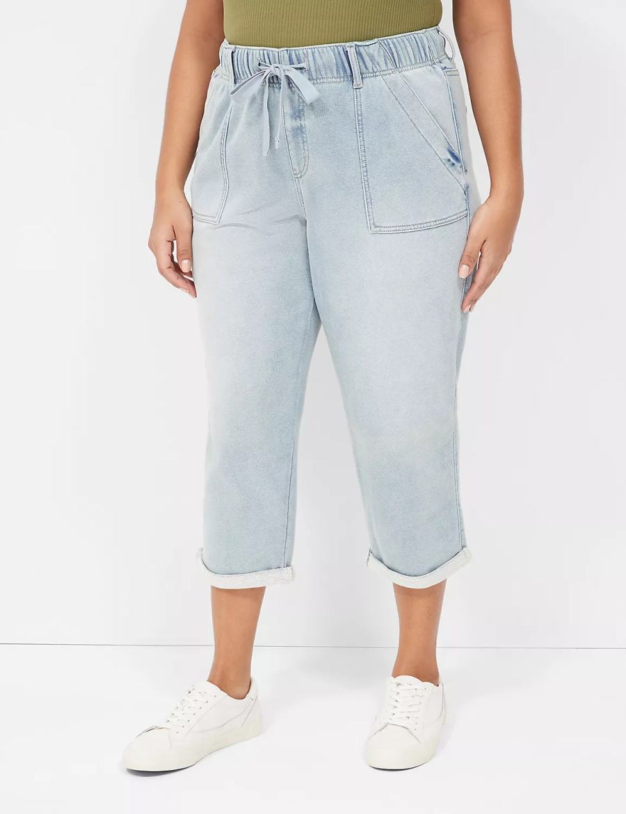 Women Lane Bryant Pull-On Fit Knit Boyfriend Capri Jeans Light Blue | QSU7745GV