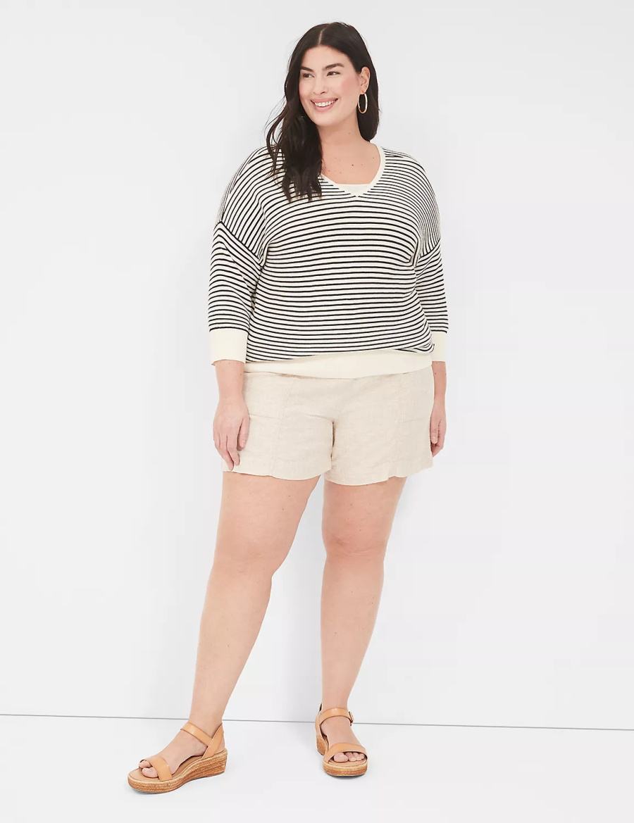 Women Lane Bryant Pull-On Linen Stripe Shorts Beige Stripes | UQS6314BM