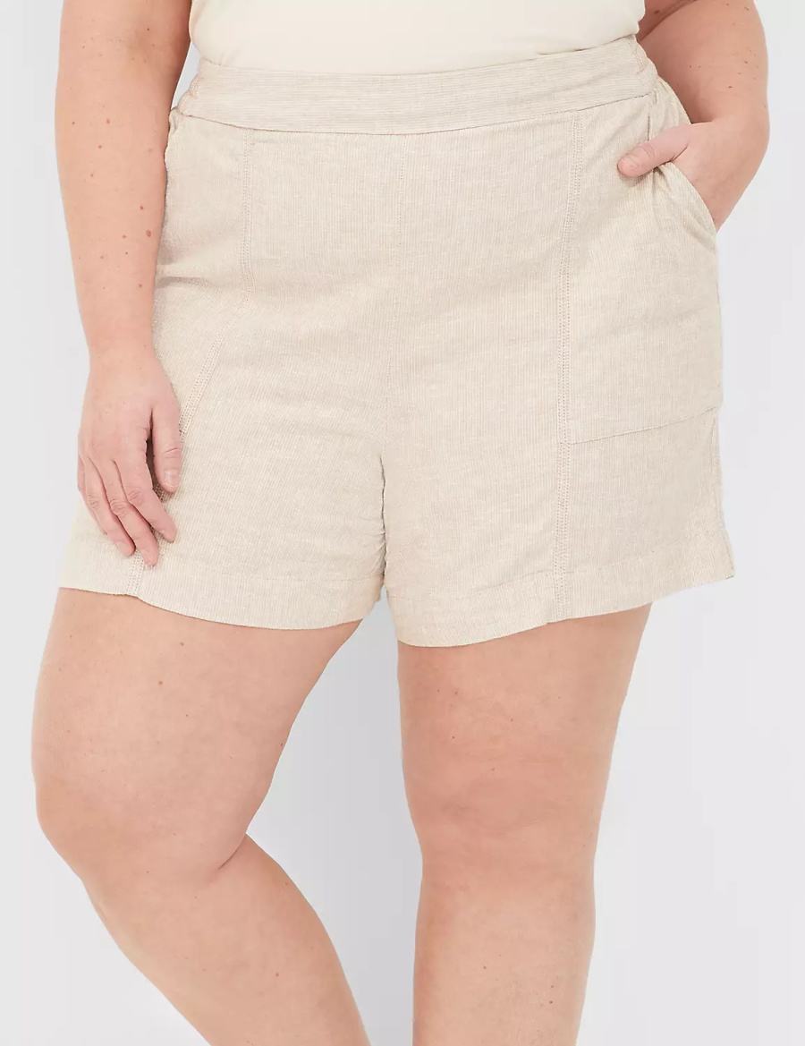 Women Lane Bryant Pull-On Linen Stripe Shorts Beige Stripes | UQS6314BM