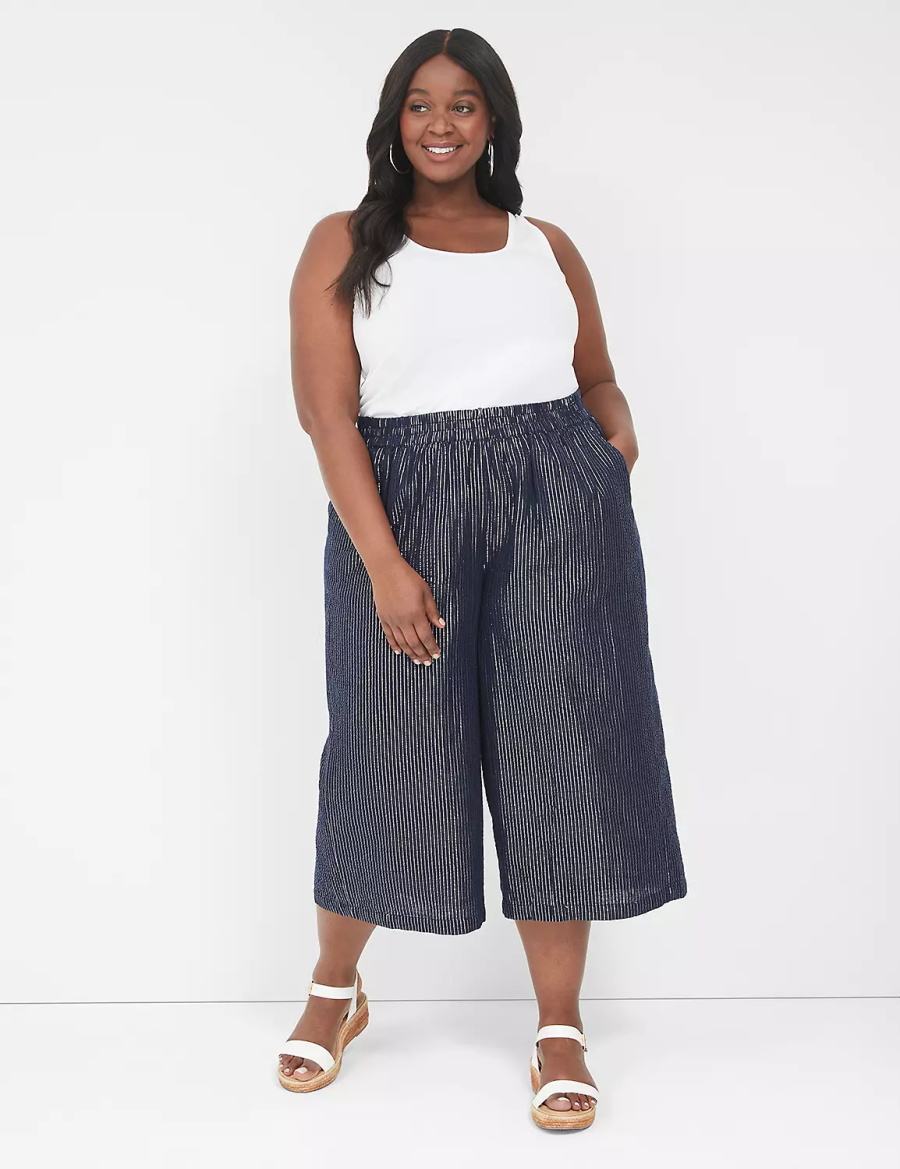 Women Lane Bryant Pull-On Lurex Gauze Crop Wide Leg Pants Blue | KKY544DE