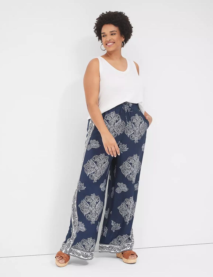 Women Lane Bryant Pull-On Paperbag Wide Leg Pants Navy | HDD7130BJ