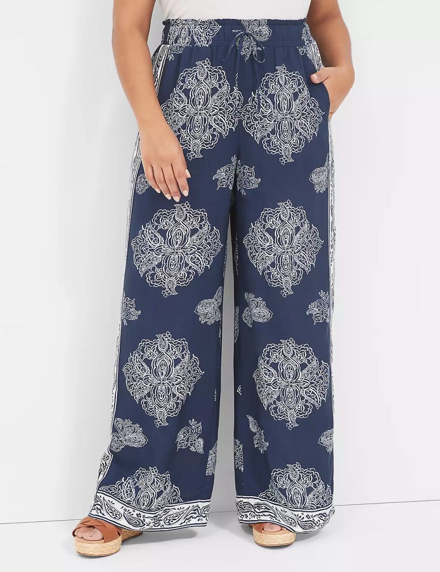 Women Lane Bryant Pull-On Paperbag Wide Leg Pants Navy | HDD7130BJ