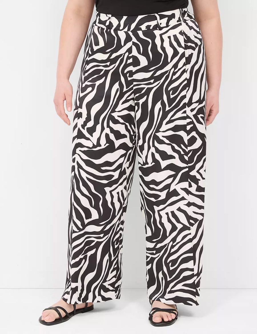 Women Lane Bryant Pull-On Satin Wide Leg Pants White Black | JJF9253HI