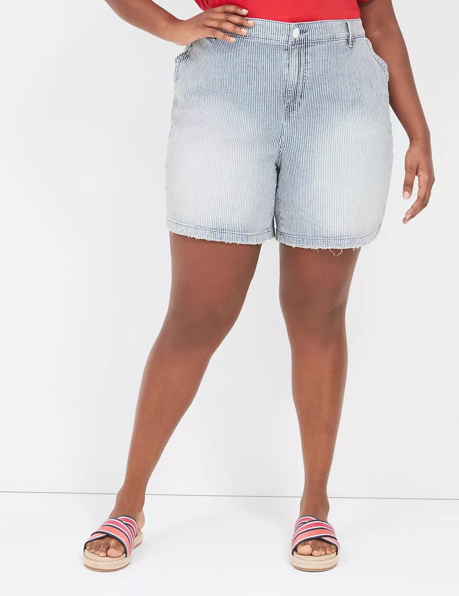 Women Lane Bryant Railroad Stripe Carpenter Jean Shorts Light Blue | VRP2268IU