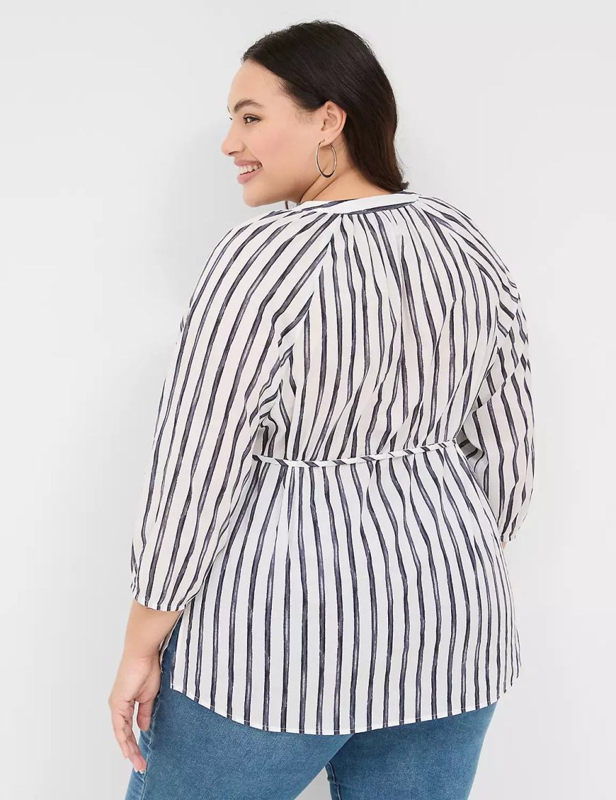 Women Lane Bryant Relaxed 3/4-Sleeve Button-Front Tunic Shirts Navy Stripes | GYU864RR