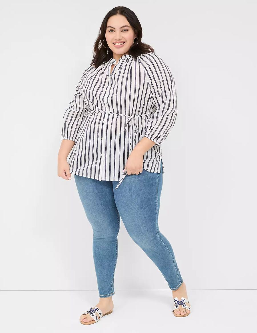 Women Lane Bryant Relaxed 3/4-Sleeve Button-Front Tunic Shirts Navy Stripes | GYU864RR