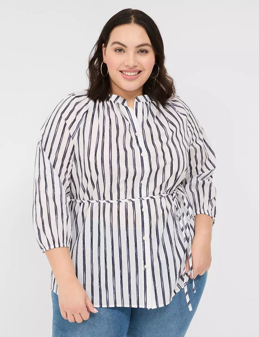 Women Lane Bryant Relaxed 3/4-Sleeve Button-Front Tunic Shirts Navy Stripes | GYU864RR