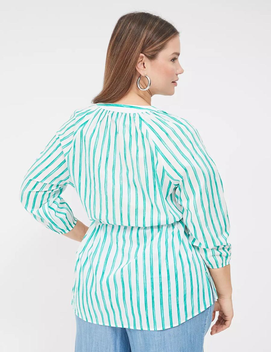 Women Lane Bryant Relaxed 3/4-Sleeve Button-Front Tunic Shirts Green Stripes | OXG6668EZ