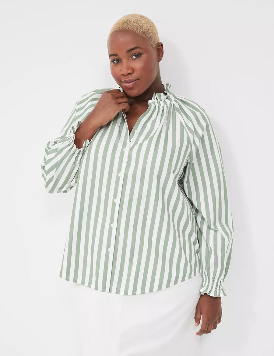 Women Lane Bryant Relaxed Button-Front Blouse Green Stripes | NJD4513PG