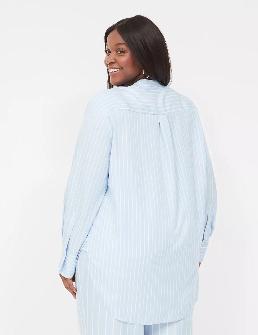 Women Lane Bryant Relaxed Collar Button-Down Shirts Light Blue Stripes | HOP960CK