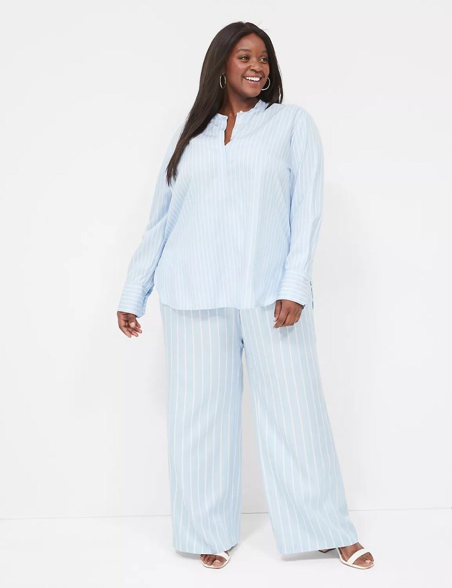 Women Lane Bryant Relaxed Collar Button-Down Shirts Light Blue Stripes | HOP960CK