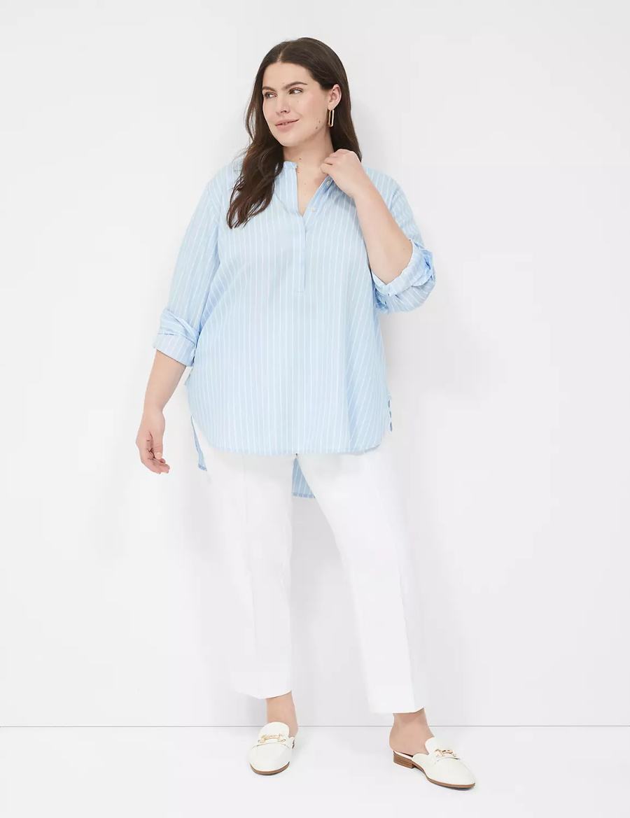 Women Lane Bryant Relaxed Collar Button-Down Shirts Light Blue Stripes | HOP960CK