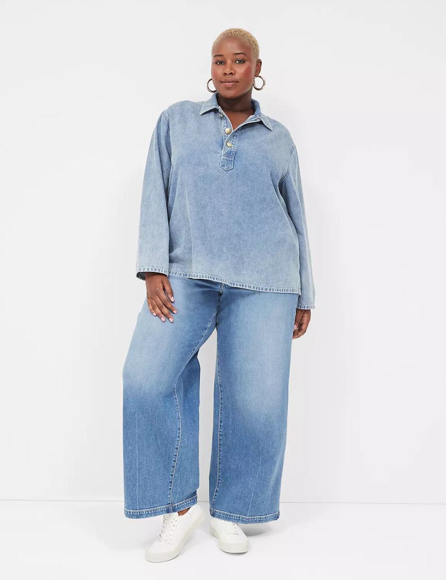 Women Lane Bryant Relaxed Collared Denim Popover Shirts Light Blue | QWN5592BJ