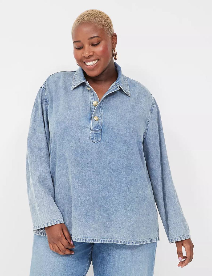 Women Lane Bryant Relaxed Collared Denim Popover Shirts Light Blue | QWN5592BJ