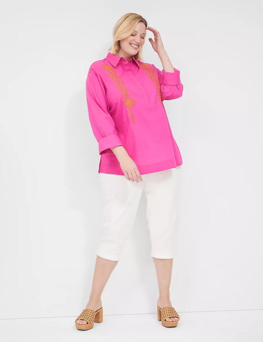 Women Lane Bryant Relaxed Collared Embroidered Tunic Shirts Fuchsia | FAX5421WJ