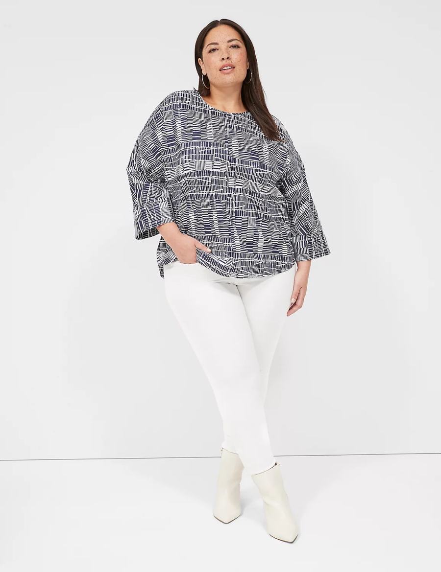 Women Lane Bryant Relaxed Crew-Neck Popover Top Blouse Navy White | GEZ7862DR