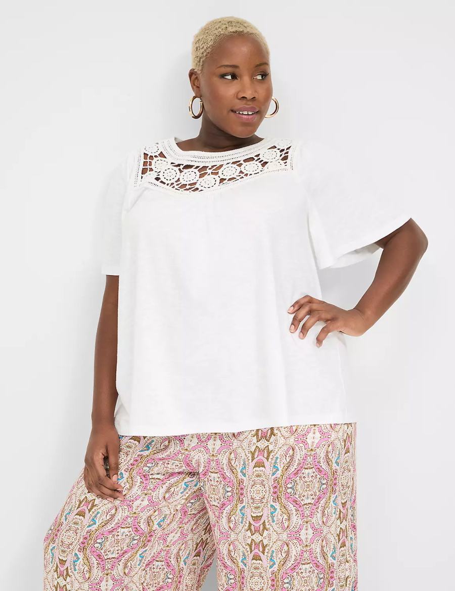 Women Lane Bryant Relaxed Crochet Crew-Neck Top T Shirts White | ZUK2970WI