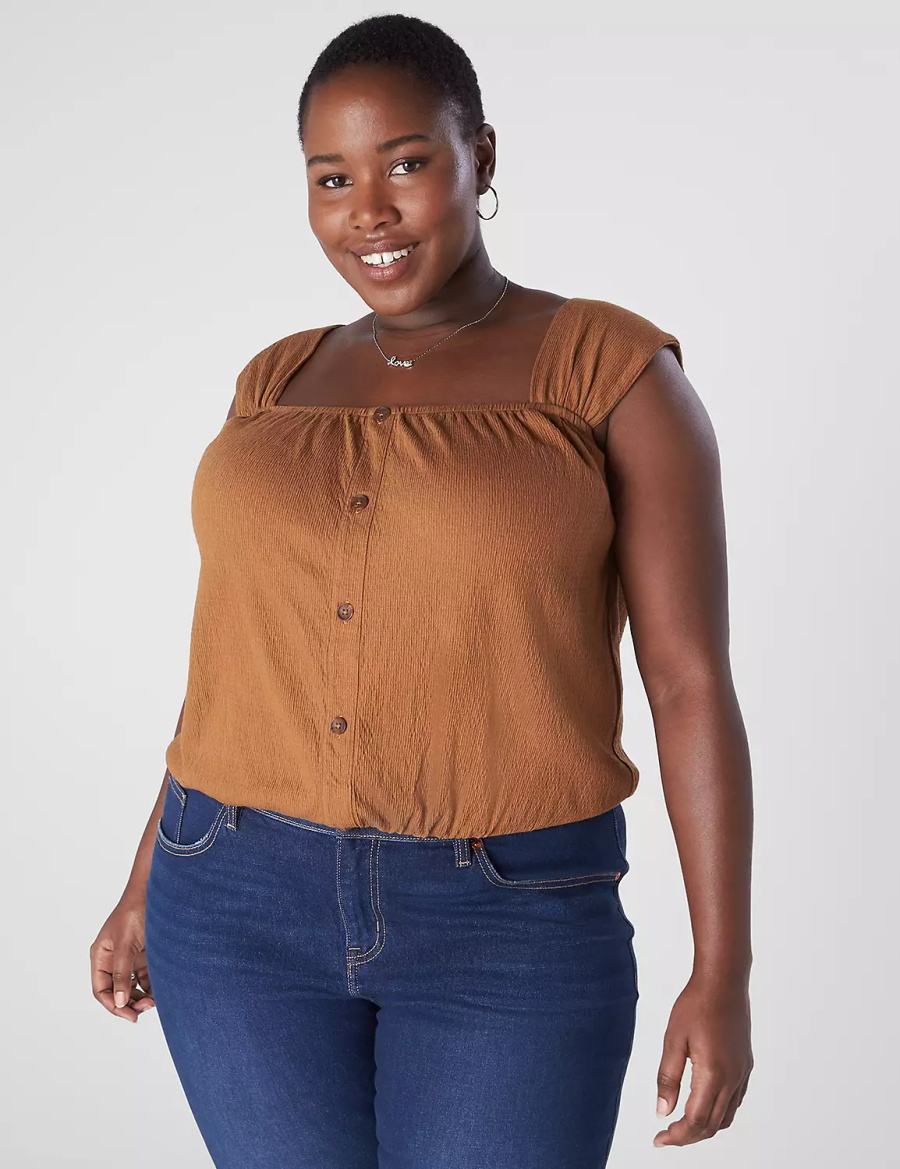 Women Lane Bryant Relaxed Crop Cap-Sleeve Square-Neck Top T Shirts Brown | YXT8542SG