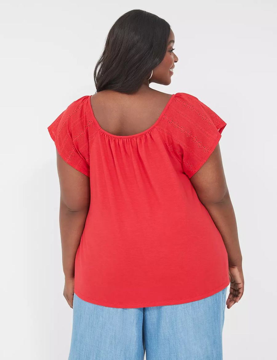 Women Lane Bryant Relaxed Eyelet-Sleeve Smocked-Neck Top T Shirts Red | WCE625HE