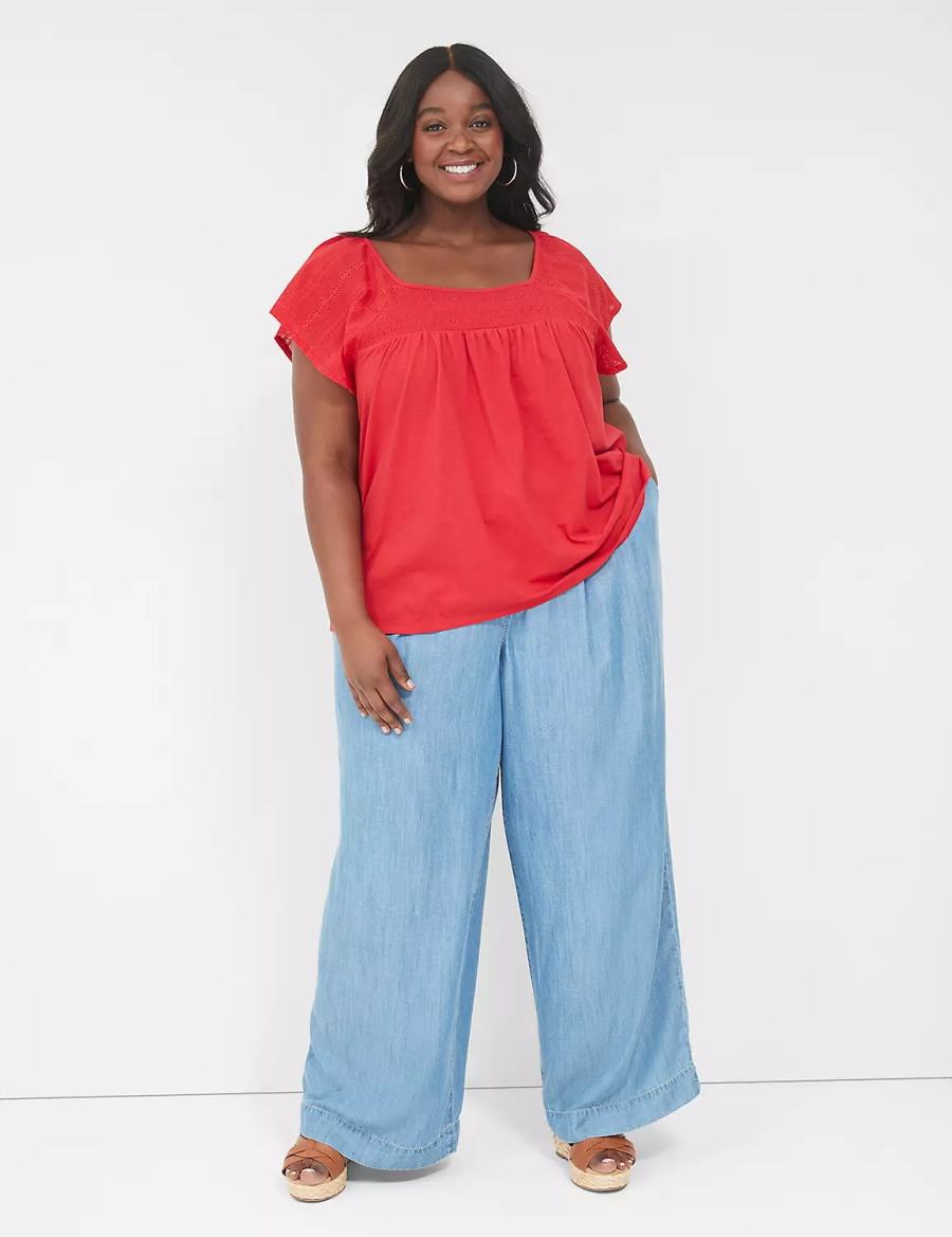 Women Lane Bryant Relaxed Eyelet-Sleeve Smocked-Neck Top T Shirts Red | WCE625HE