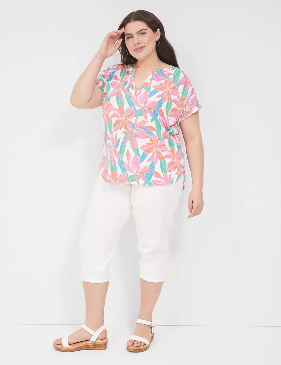 Women Lane Bryant Relaxed Gauze Notch-Neck Shirts Pink Blue | BHV8188XJ