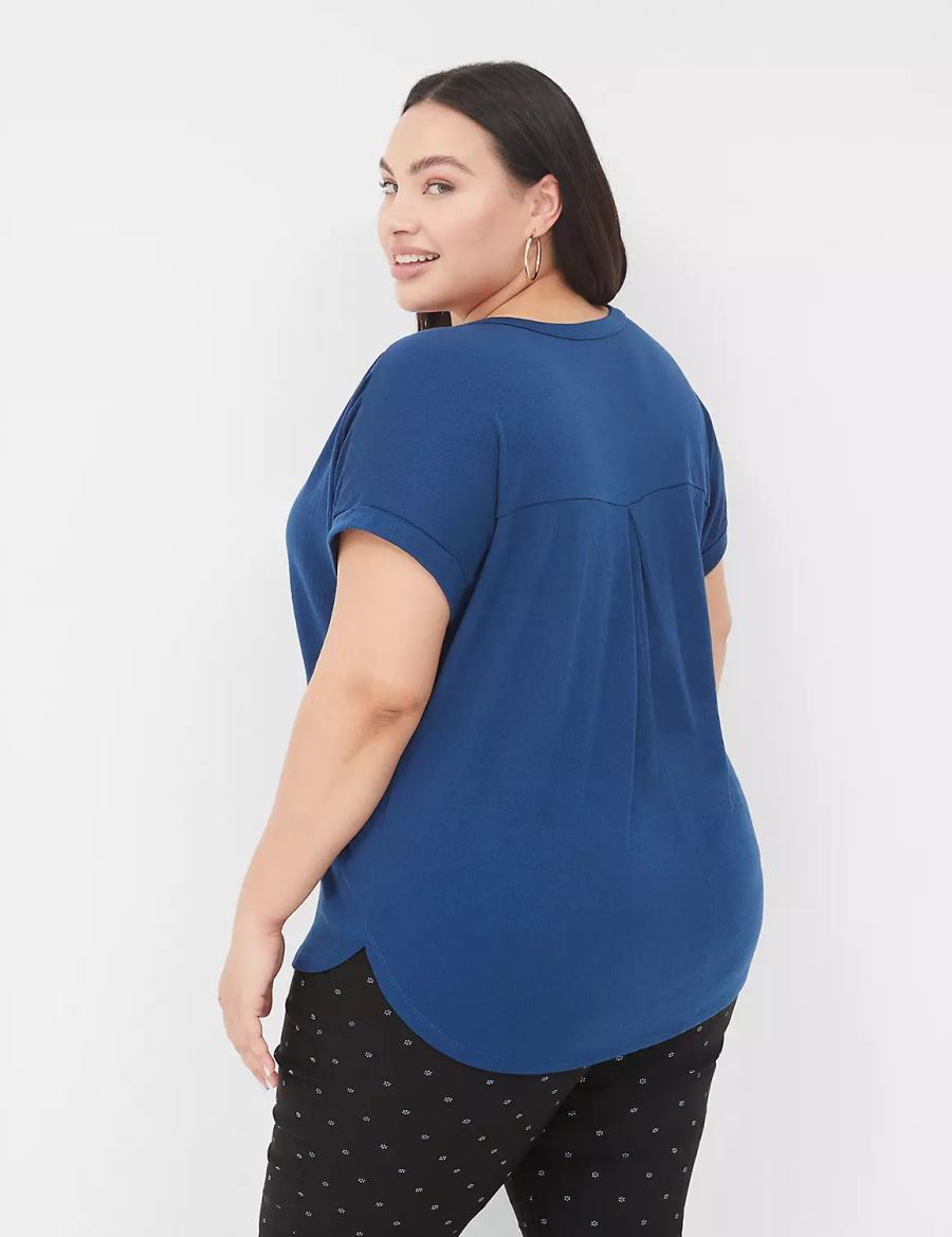 Women Lane Bryant Relaxed Gauze Notch-Neck Shirts Dark Blue | YGD7636UZ