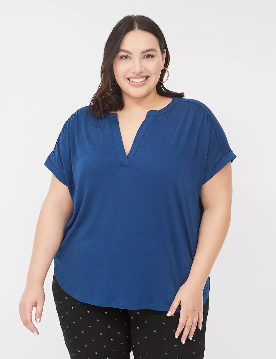 Women Lane Bryant Relaxed Gauze Notch-Neck Shirts Dark Blue | YGD7636UZ