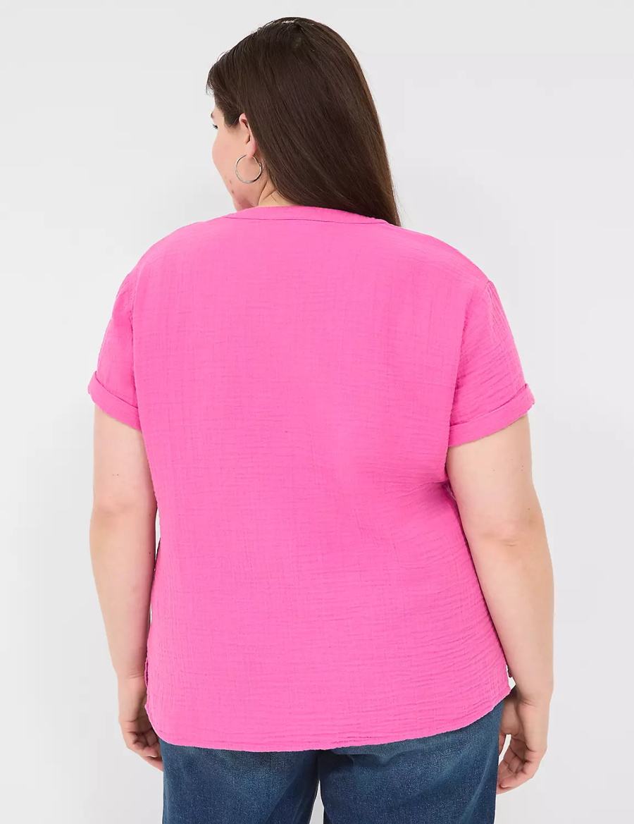 Women Lane Bryant Relaxed Gauze V-Neck Popover Shirts Fuchsia | EIV8036HM