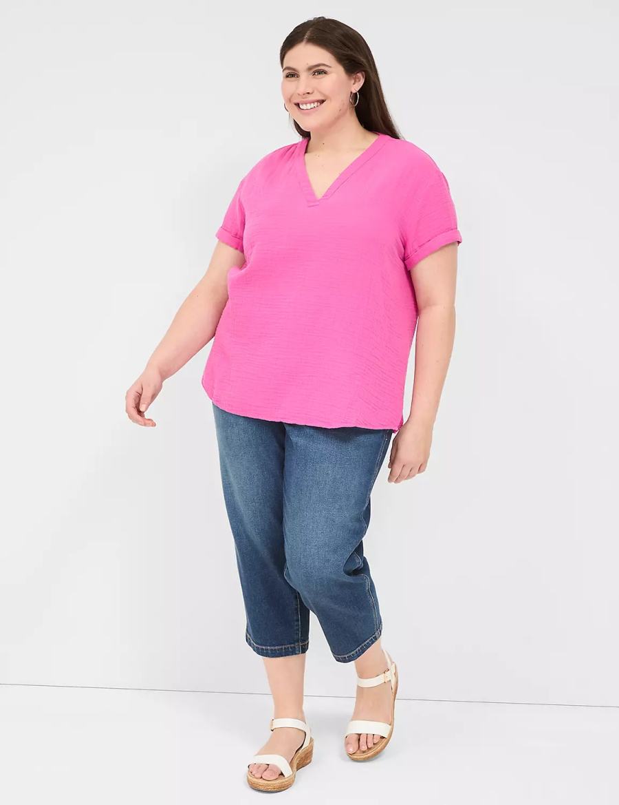 Women Lane Bryant Relaxed Gauze V-Neck Popover Shirts Fuchsia | EIV8036HM