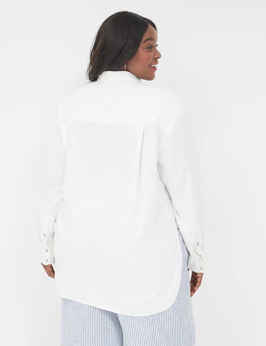 Women Lane Bryant Relaxed Linen Button-Down Shirts White | FXH3173WZ