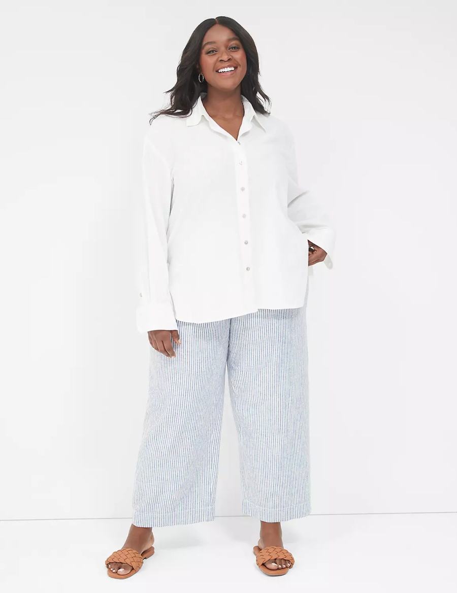 Women Lane Bryant Relaxed Linen Button-Down Shirts White | FXH3173WZ